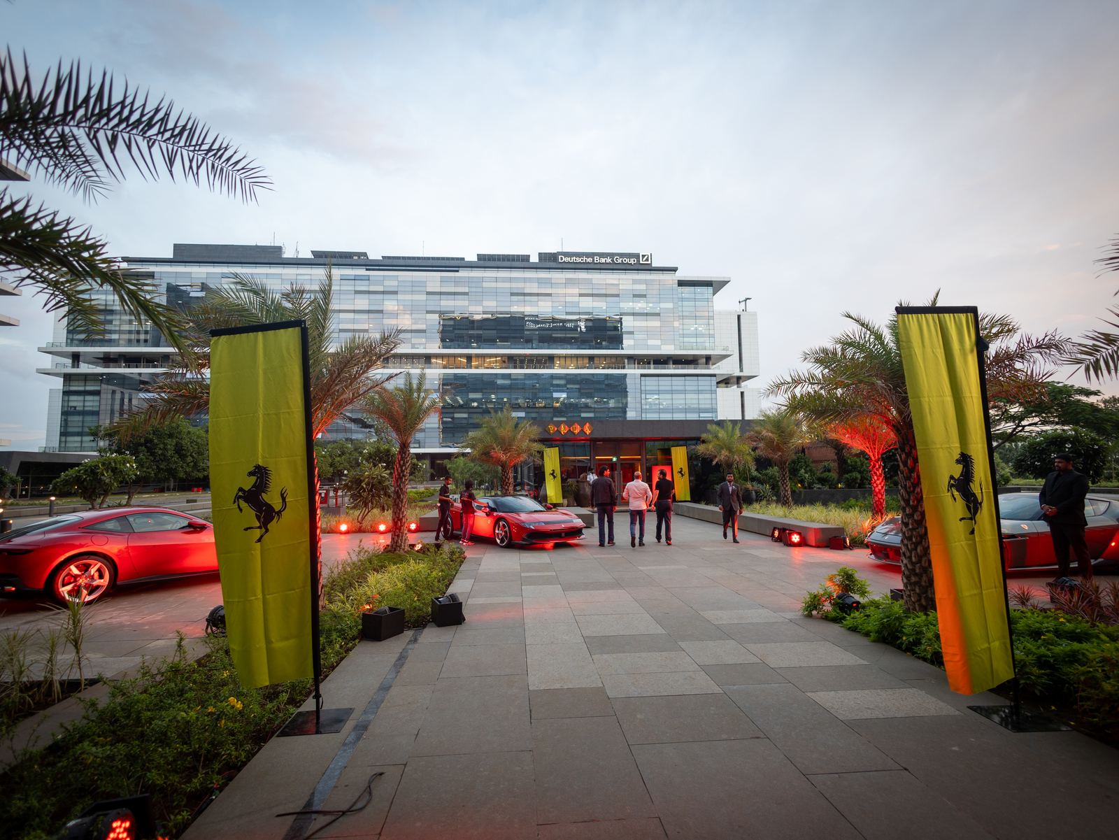 Ferrari flags lining the entrance at Yala, The Ritz-Carlton Pune